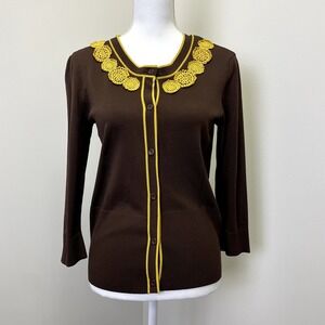 Knit Chic Brown Mustard Yellow Floral Crochet Trim Cardigan Sweater Medium